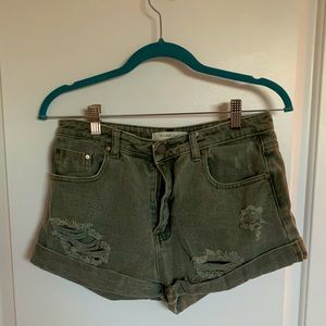 High waisted army green distressed jean shorts